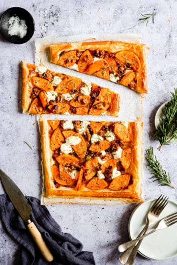 top view of sliced puff pastry tart with butternut squash