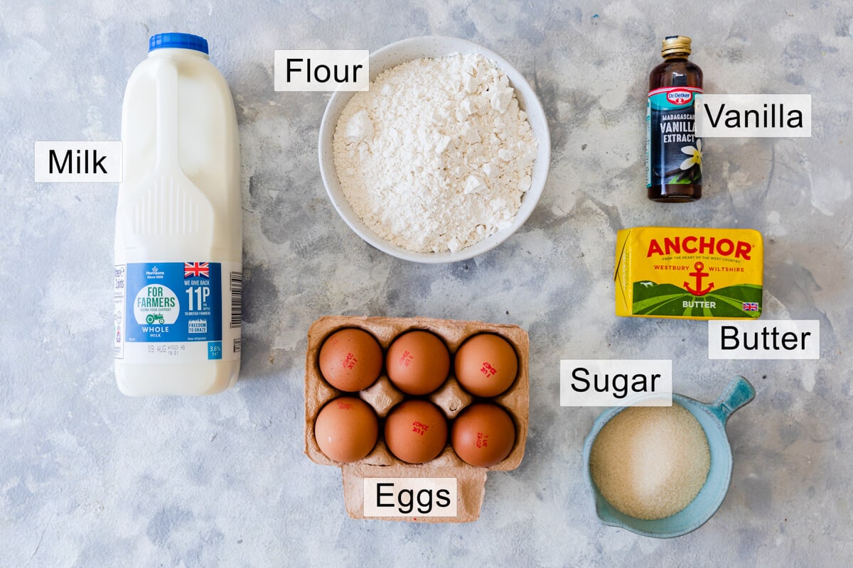 overhead view of the ingredients for crepes