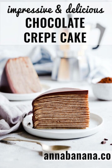 slice of chocolate crepe cake on a small white plate with spoon next to it.