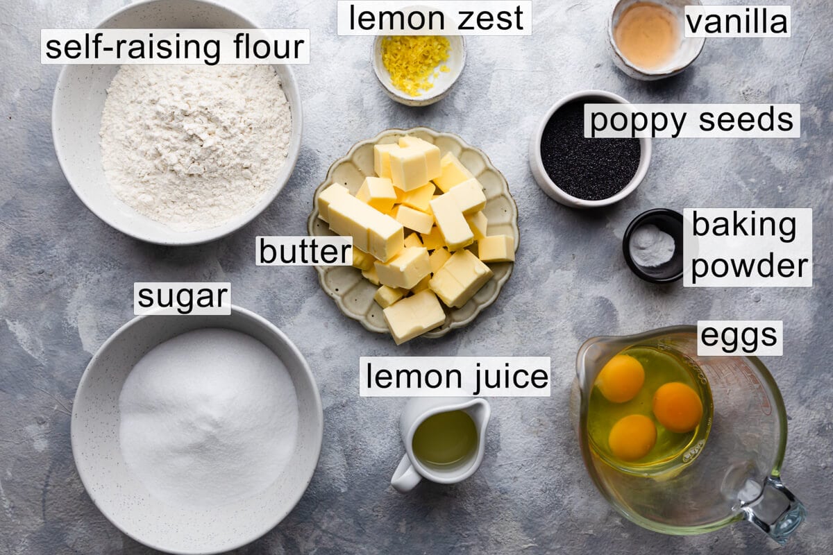 overhead view at the ingredients for lemon cupcakes with text labels