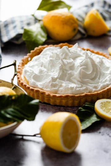 side angle of lemon pie topped with meringue