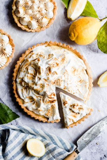 close up overhead shot of lemon pie with toasted meringue