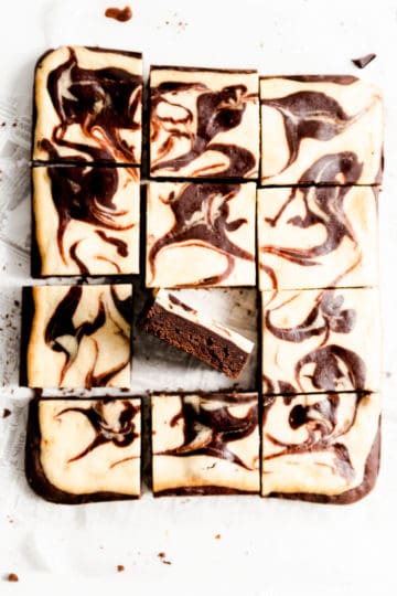 overhead shot of chocolate brownies with one slice turned on side