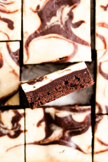 overhead close up of brownie slice showing its texture