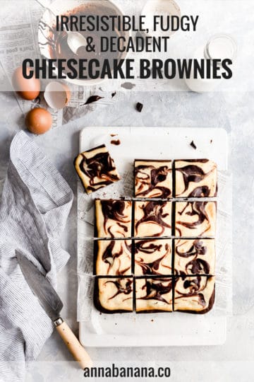 overhead shot of cheesecake brownies cut into 12 squares with text overlay