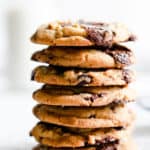 side close up of a stack of chocolate cookies