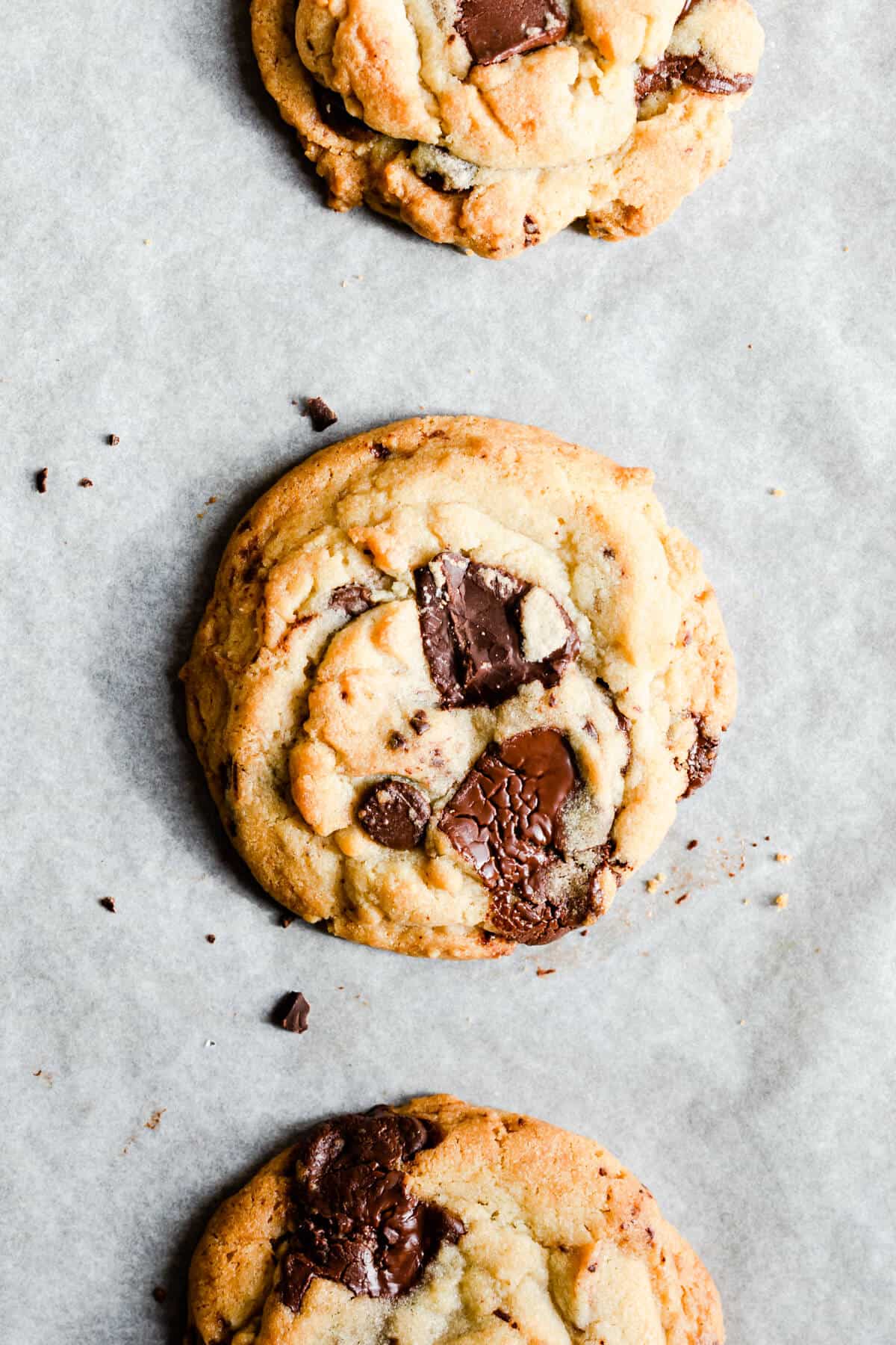 close up from top of a baked cookie with chocolate chips