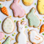 overhead close up of cookies in shapes of bunnies and eggs