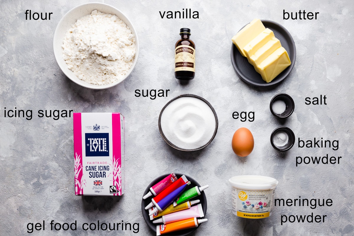 overhead shot of the ingredients for sugar cookies with text labels