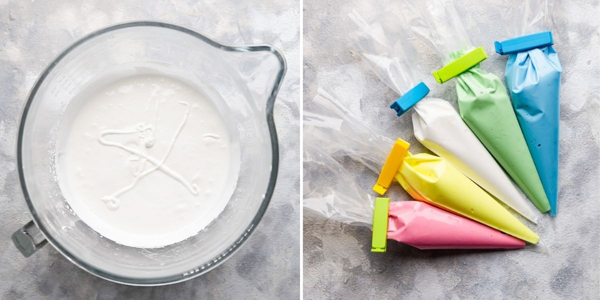 overhead view of the royal icing in the bowl and in piping bags