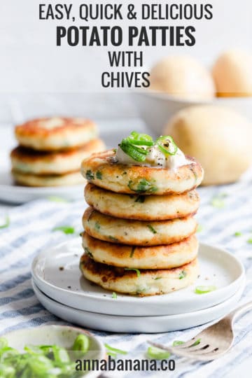 a side shot of stack of potato patties on a white plate with text overlay