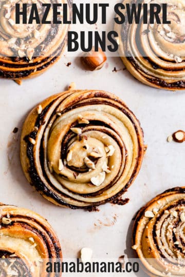 overhead close up at hazelnut swirl bun with text overlay