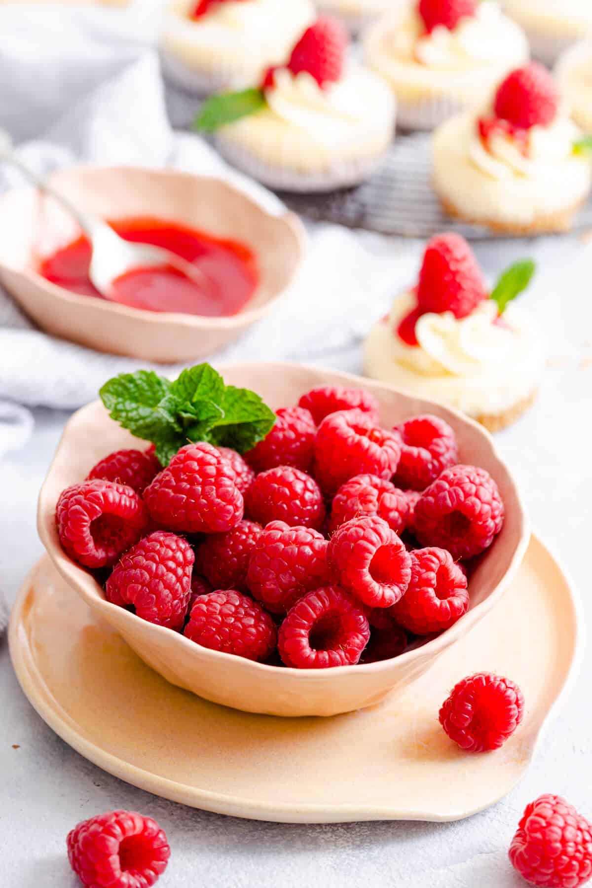 side angle close up of a bowl with fresh raspberries
