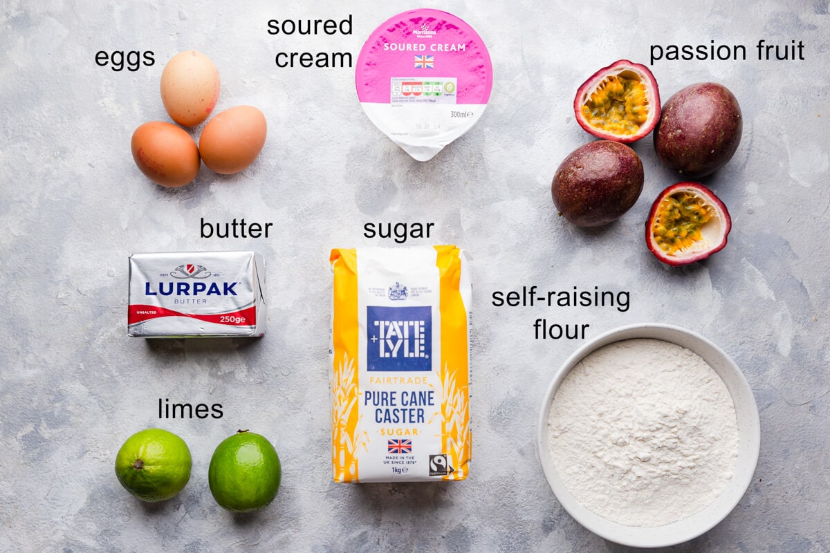 overhead shot with ingredients with text labels for passion fruit cake