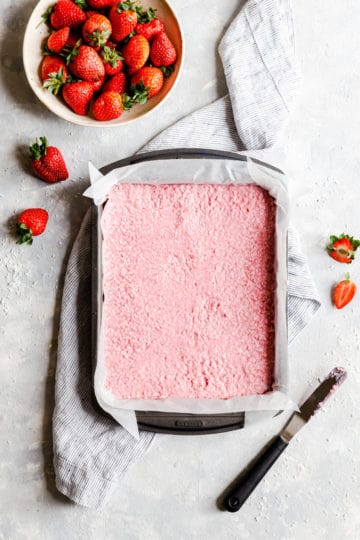 overhead shot of baking tin with strawberry coconut mix