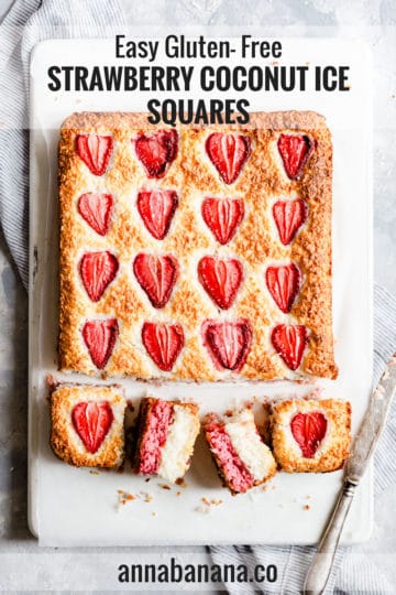 overhead close up of strawberry coconut squares with text overlay