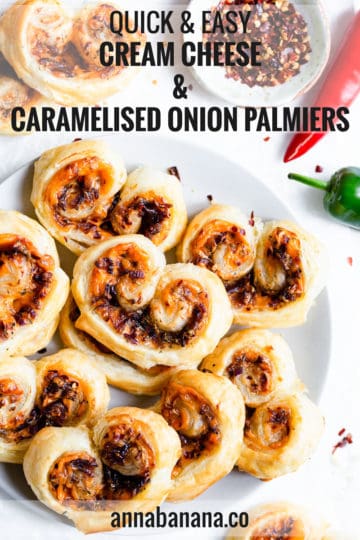 top view of plate filled with cream cheese and caramelised onion palmiers with text overlay