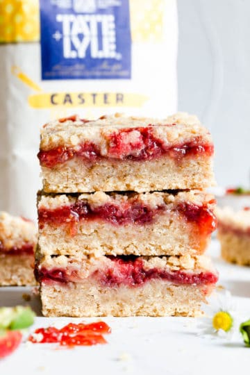 straight ahead super close up shot of strawberry crumble slices