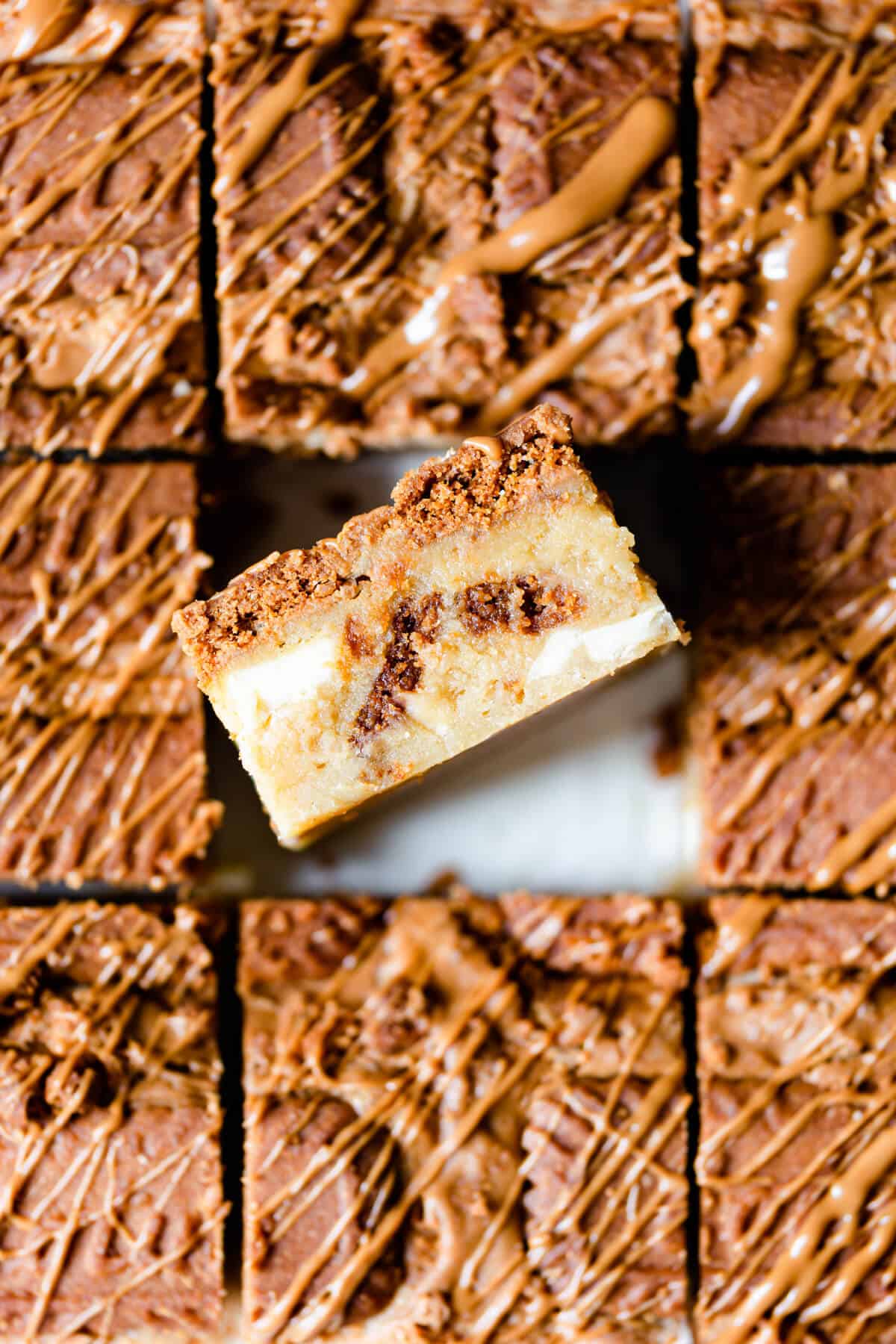 top view super close up at a biscoff blondie revealing its texture
