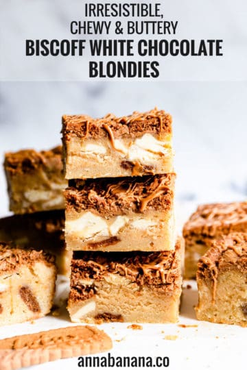 straight ahead close up angle of 3 biscoff blondie bars stacked on top of each other with text overlay