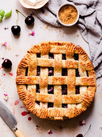 top view of homemade pie with lattice pattern on top