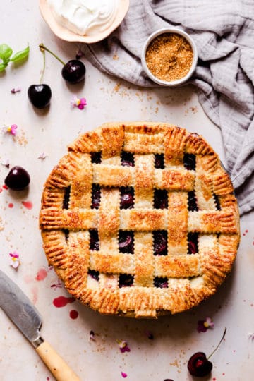 top view of homemade pie with lattice pattern on top
