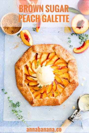 overhead shot of peach galette with a scoop of ice cream on top with text overlay
