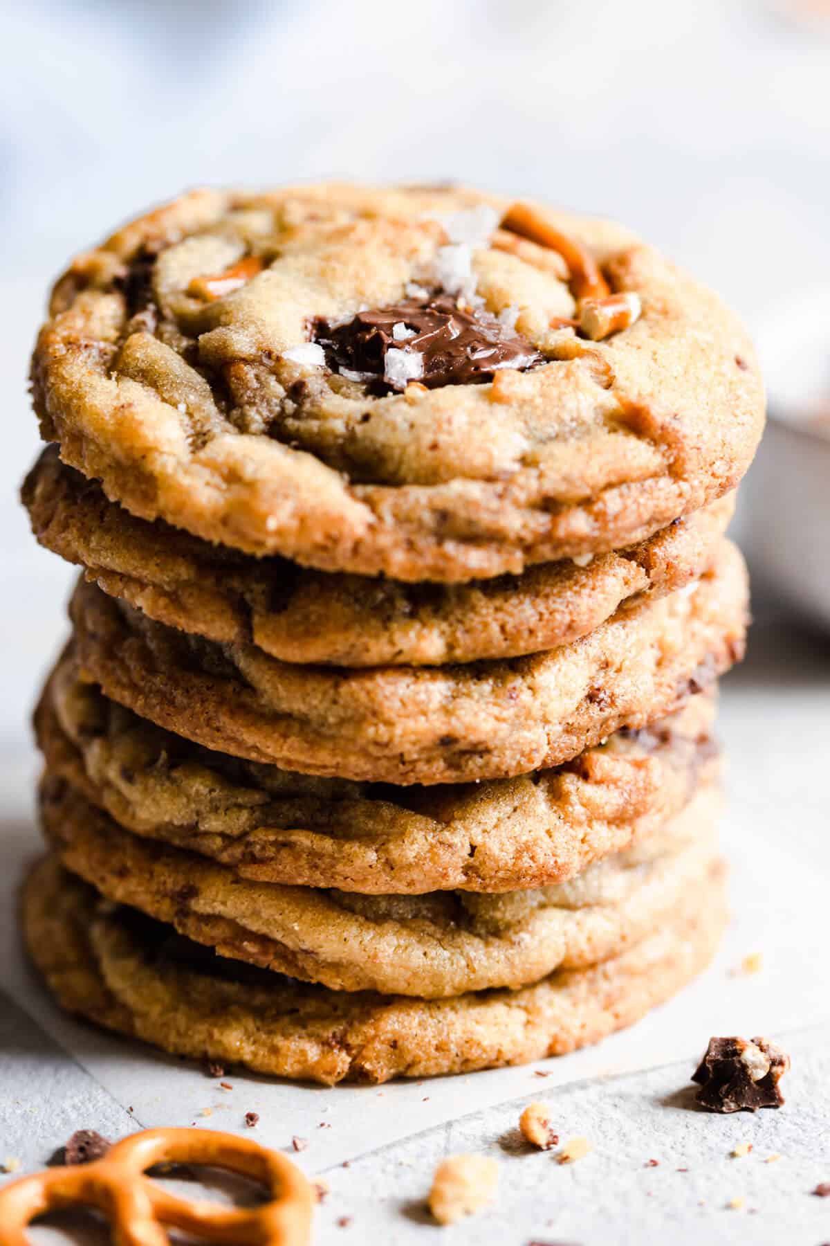 side super close up at a stack of cookies with chocolate and pretzels