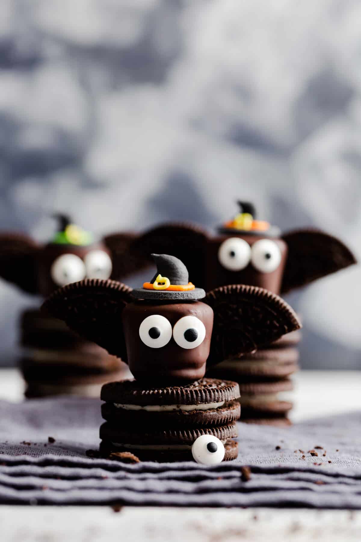 super close up at chocolate bat wearing a witches hat, standing on Oreo cookies