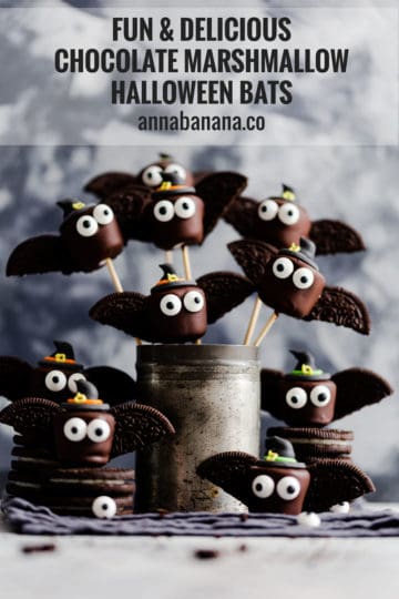 side angle of chocolate marshmallows looking like little bats on bamboo skewers with text overlay