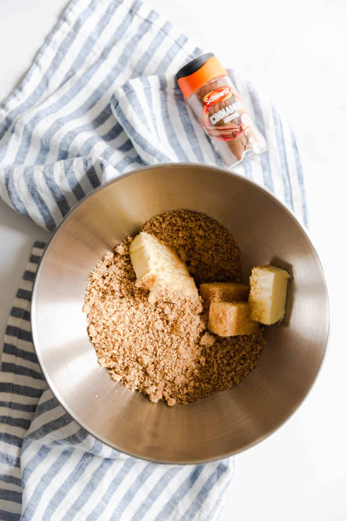 overhead shot of a brown sugar and butter in a mixing bowl
