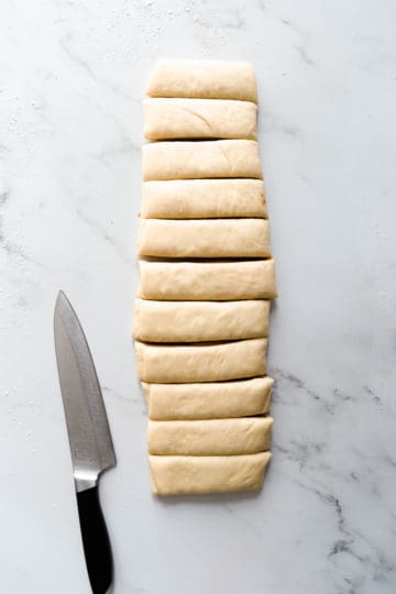 overhead shot of a soft dough divided into slices