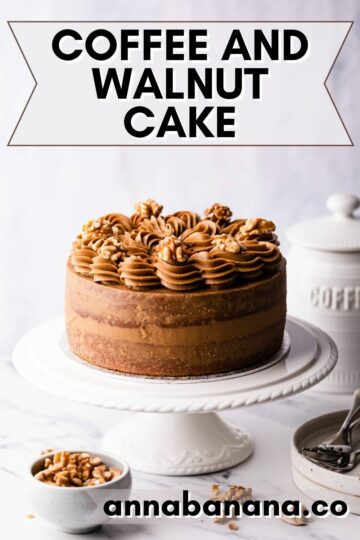 coffee and walnut cake with buttercream and walnut pieces on top and text overlay.