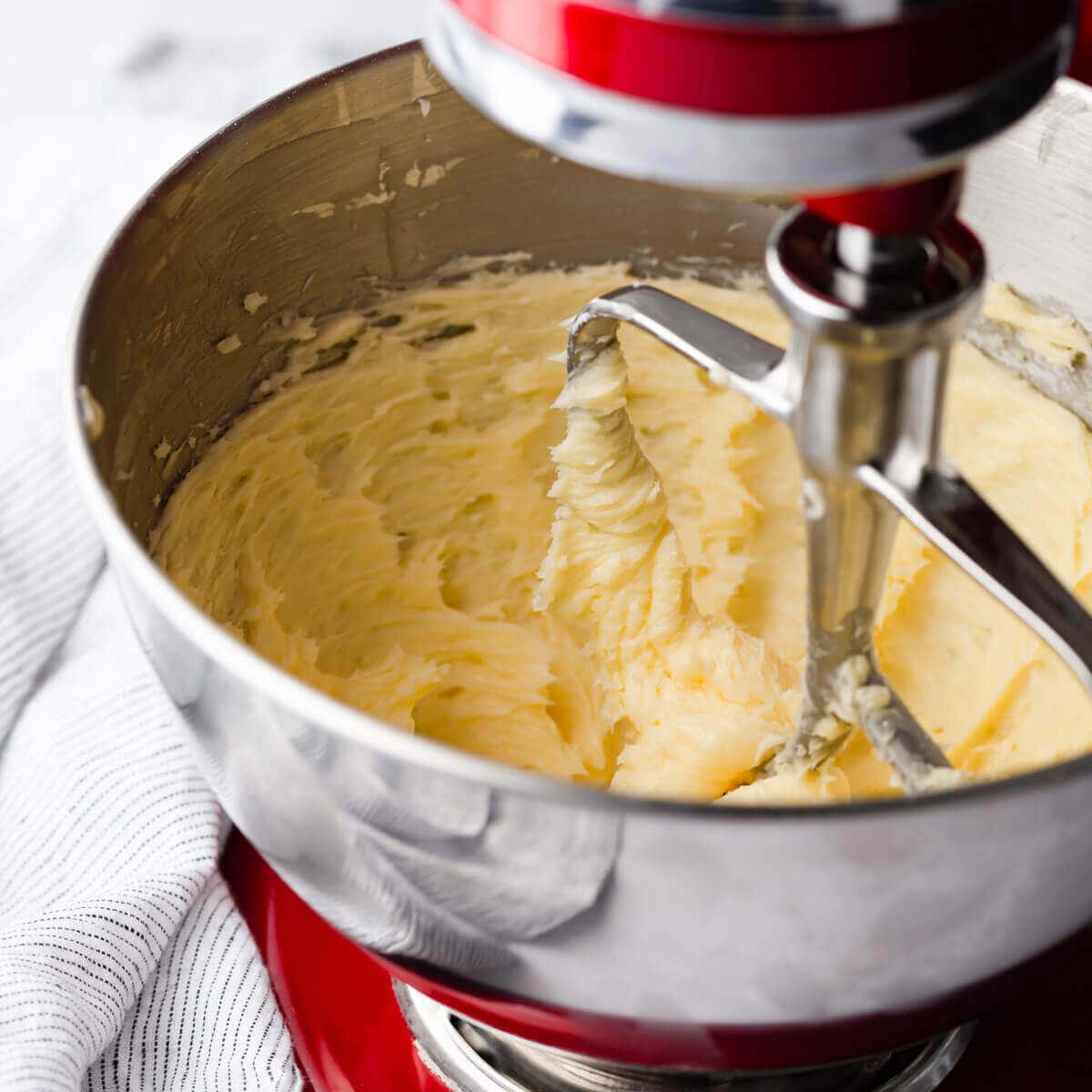 a mixing bowl with whipped butter.