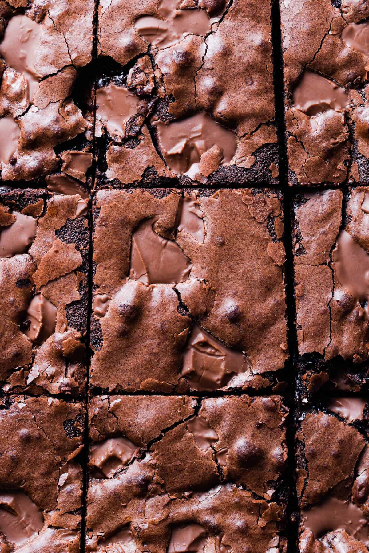 overhead close up of chocolate brownies sliced into squares