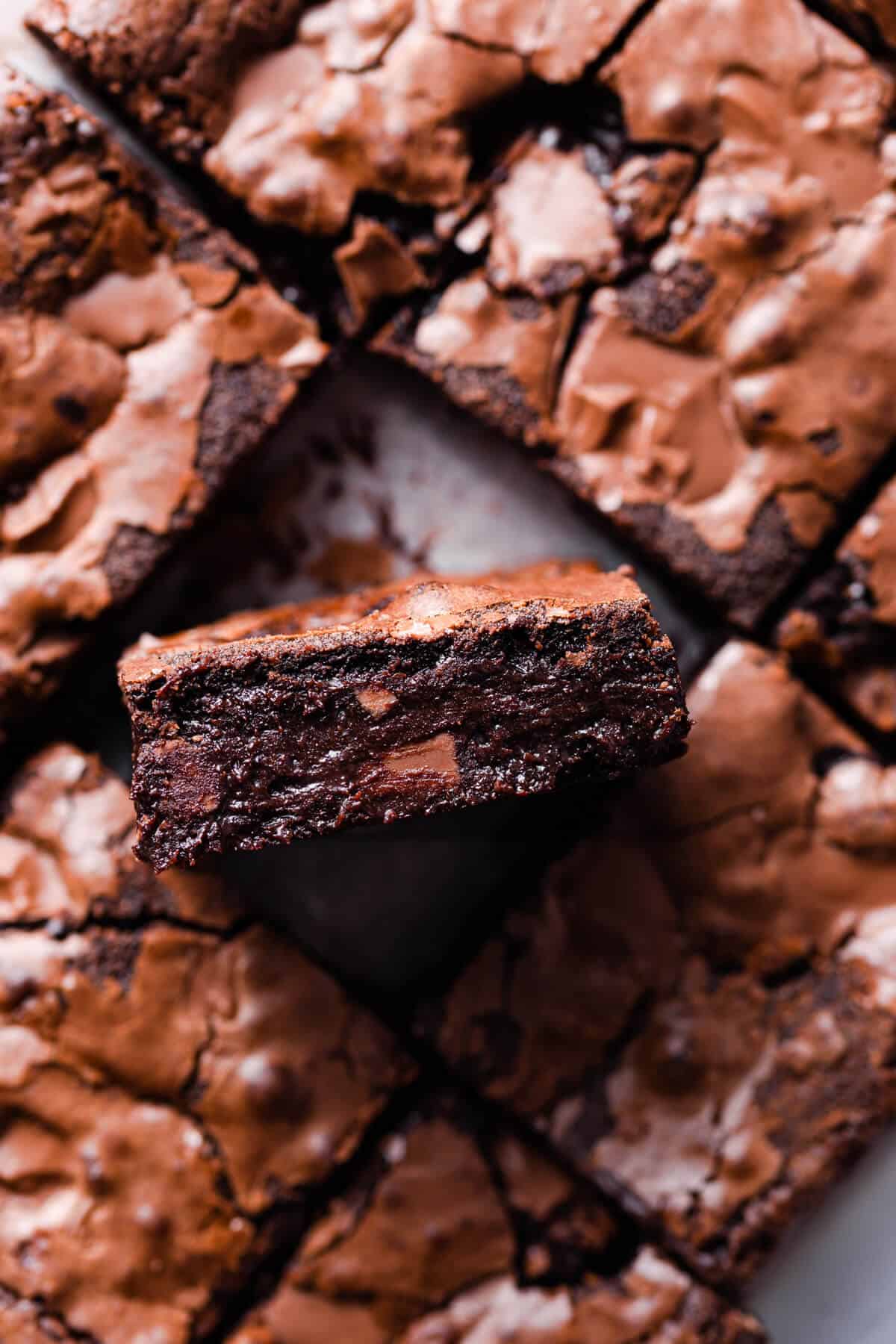 top down close up showing the gooey texture of brownie slice
