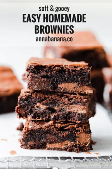 side shot of a stack of three chocolate brownies with text overlay