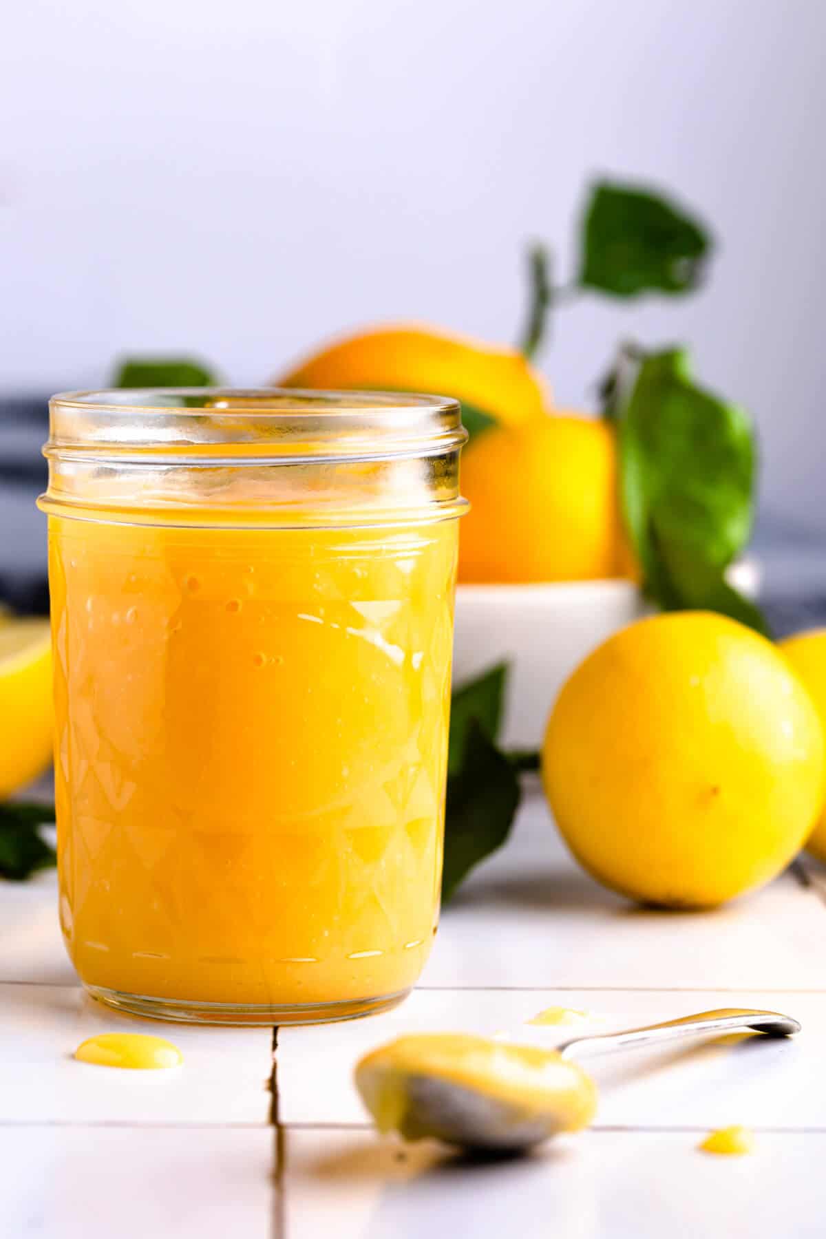 straight ahead photo of a jar with homemade lemon curd