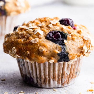 super close up of banana and blueberry muffin