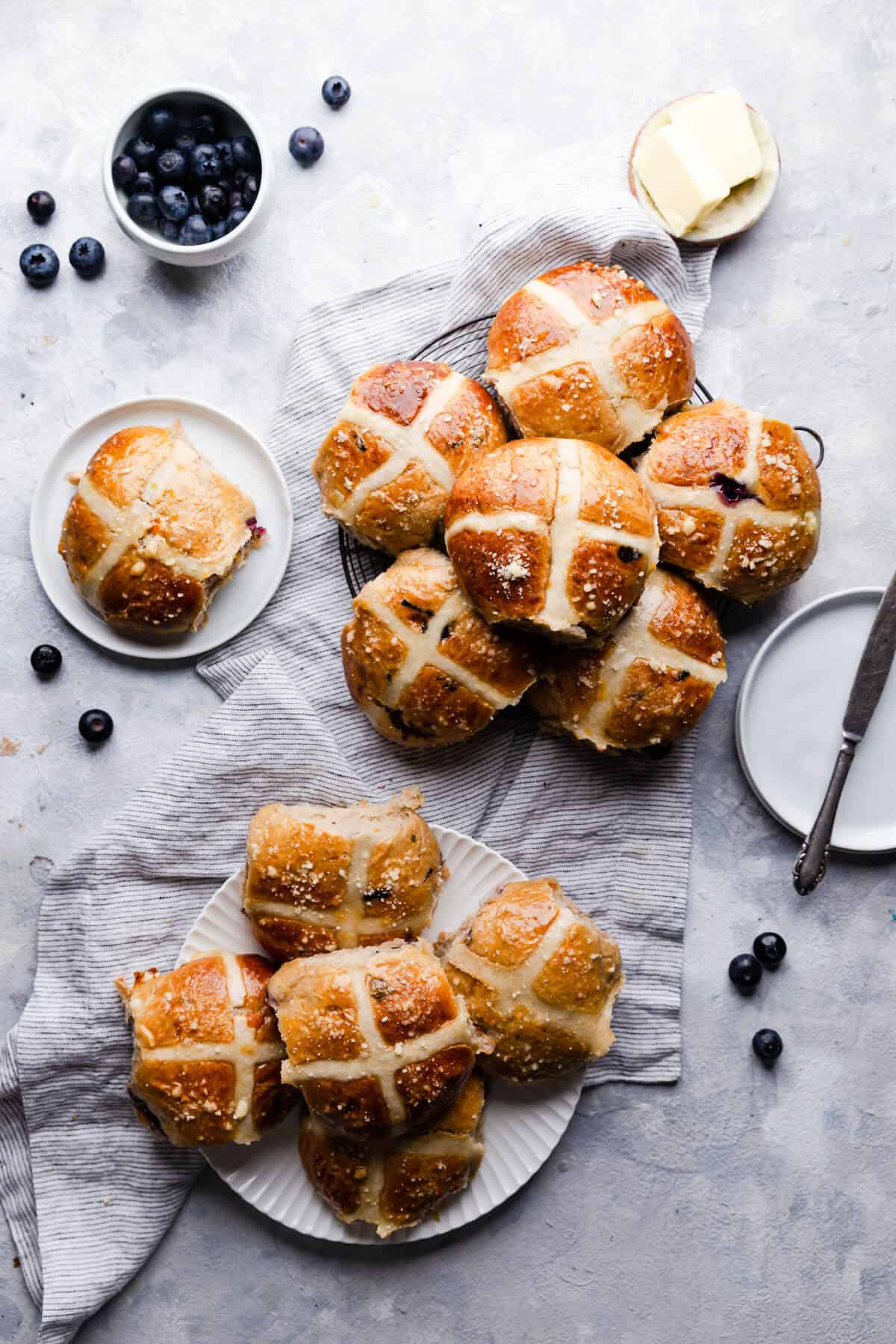 overhead view of blueberry hot cross buns
