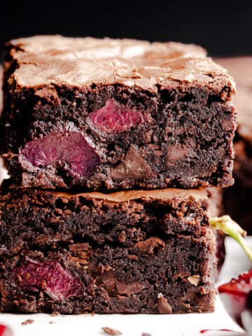super close up at two slices of chocolate cherry brownies