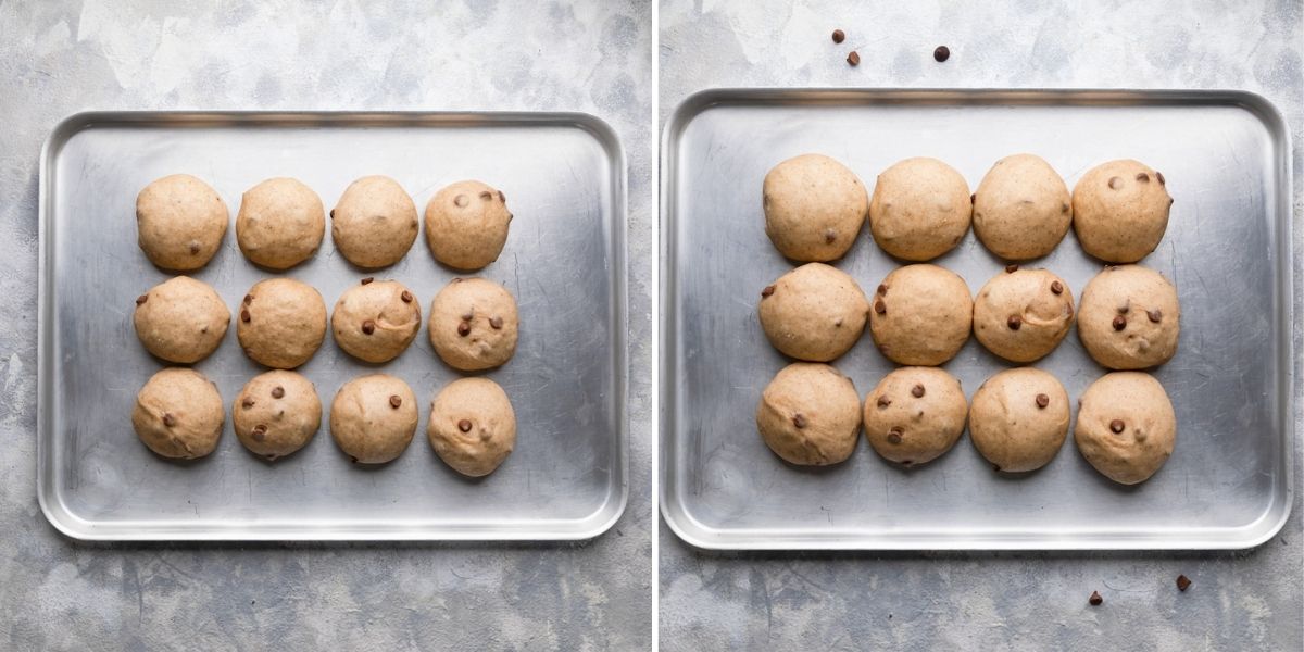 photos showing the process of making chocolate chip hot cross buns