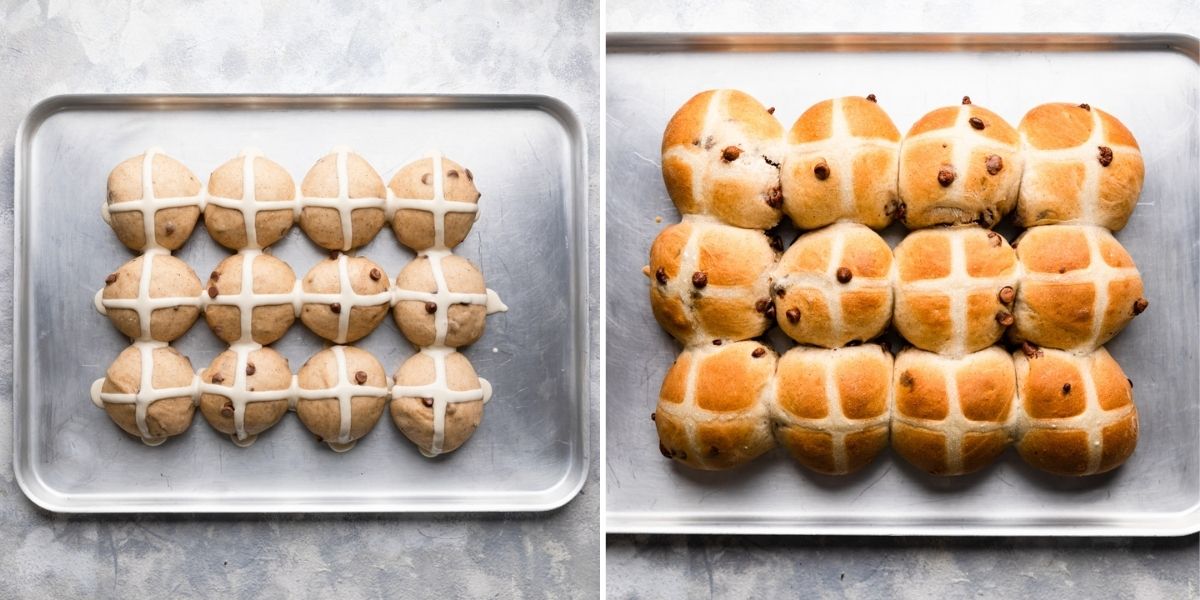 photos showing the process of making hot cross buns