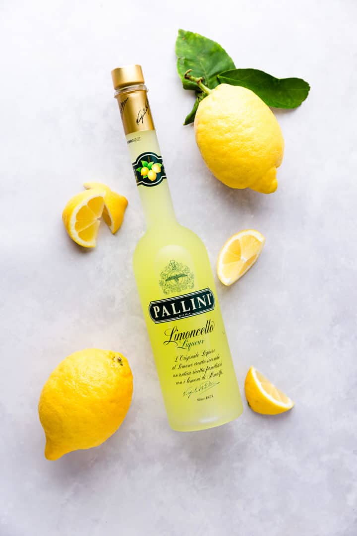 overhead view of a bottle of limoncello
