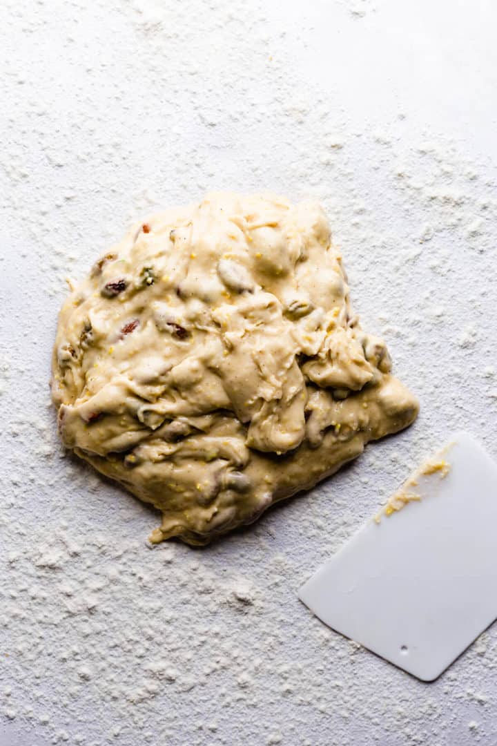 biscotti dough on a floured surface