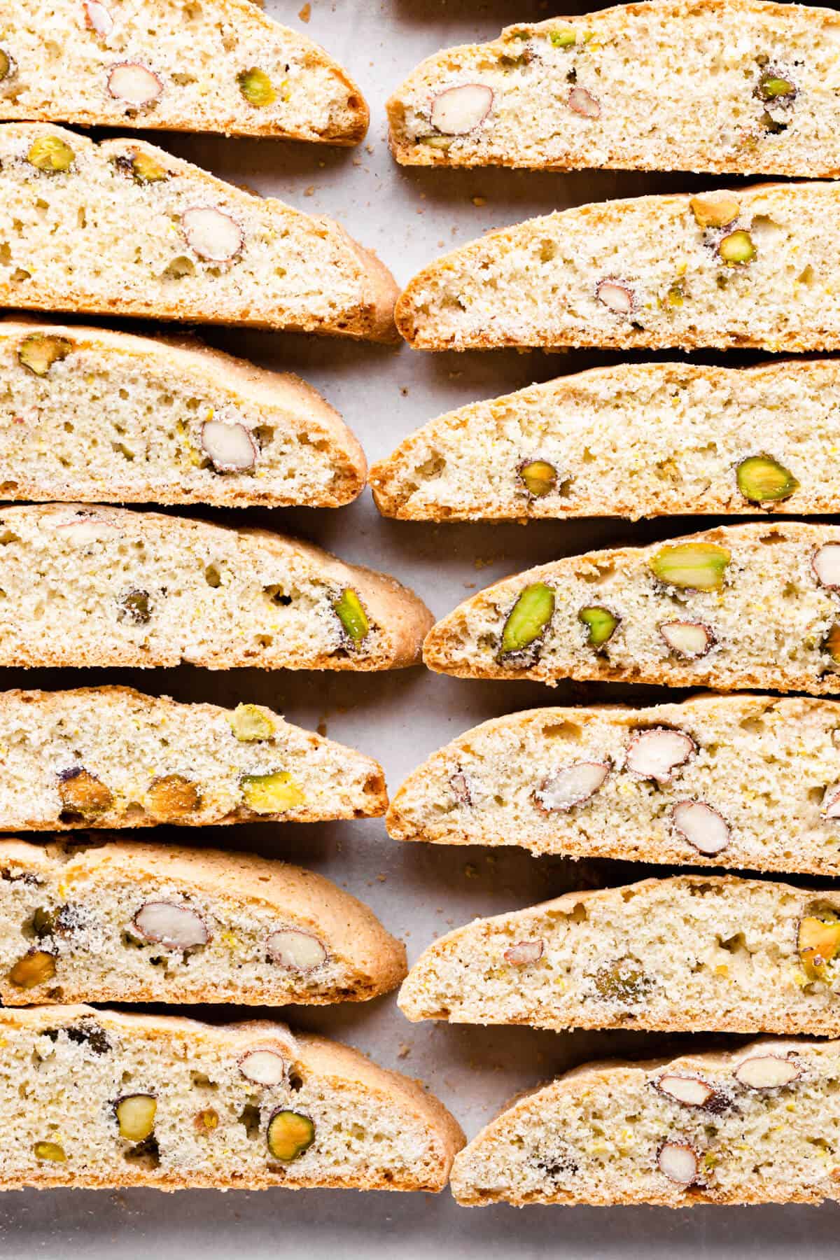 overhead close up at baked lemon and pistachio biscotti