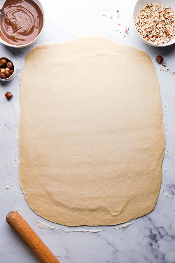top view of a babka dough rolled into rectangle