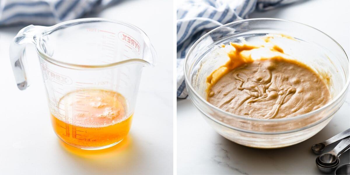 side angle close up photos of brown butter in a jar and bowl of chilled cookie dough