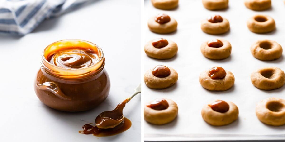 side angle photos of jar of dulce de leche and some cookies filled with it