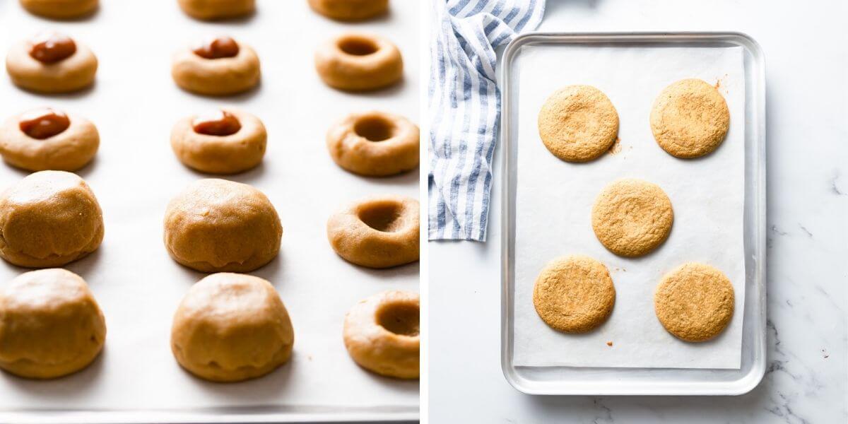 side angle and overhead view of dulce de leche stuffed cookies before and after baking